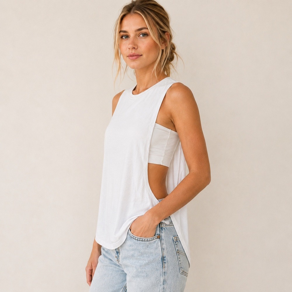 Articles of Society M Muscle White Built In Bra Tank Open Side Cutout Yoga Top